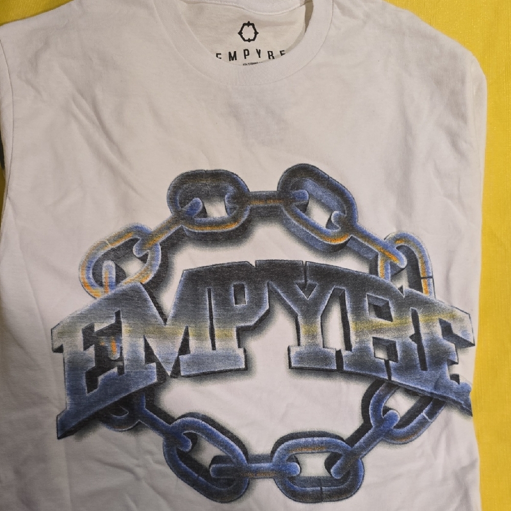 Empyre White T-Shirt with Blue and Gray Chain Design